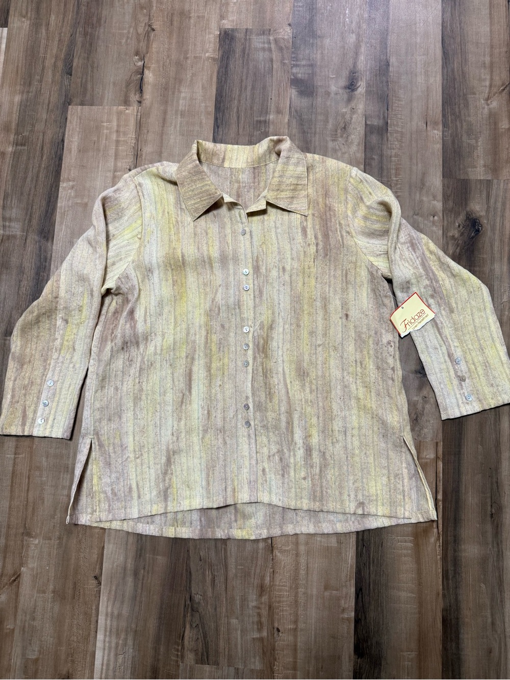 Fridaze Long Sleeve #100% Linen Yellow and Beige Striped Button-Up Shirt NWT L